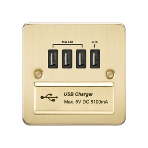 Flat Plate Quad USB charger outlet - Brushed brass with black insert