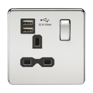 Screwless 13A 1G switched socket with dual USB charger (2.1A) - polished chrome with black insert