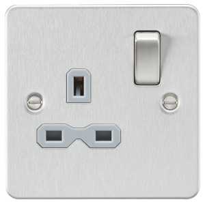 Flat plate 13A 1G DP switched socket - brushed chrome with grey insert