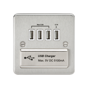 Flat Plate Quad USB charger outlet - Brushed chrome with white insert