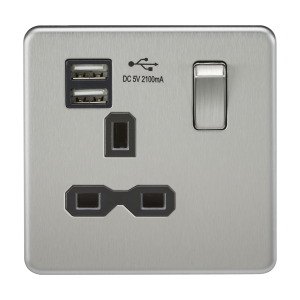 Screwless 13A 1G switched socket with dual USB charger (2.1A) - brushed chrome with black insert