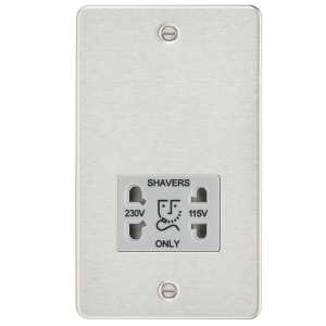 Flat plate 115/230V dual voltage shaver socket - brushed chrome with grey insert
