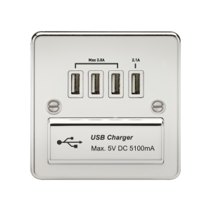 Flat Plate Quad USB charger outlet - Polished chrome with white insert