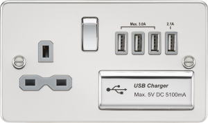 Flat plate 13A switched socket with quad USB charger - polished chrome with grey insert