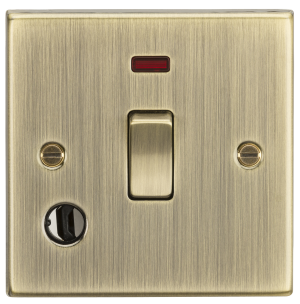 20A 1G DP Switch with Neon & Flex Outlet - Square Edge Antique Brass