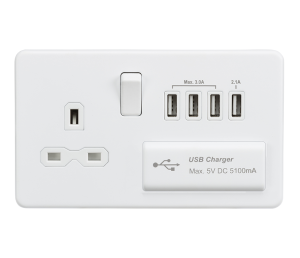 Screwless 13A switched socket with quad USB charger (5.1A) - matt white
