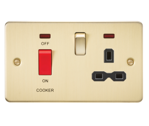Flat plate 45A DP switch and 13A switched socket with neon - brushed brass with black insert