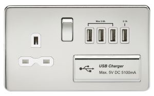 Screwless 13A switched socket with quad USB charger (5.1A) - polished chrome with white insert