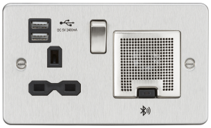 Flat Plate 13A socket, USB charger and Bluetooth Speaker combo - Brushed chrome with black insert