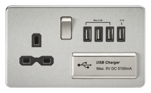 Screwless 13A switched socket with quad USB charger (5.1A) - brushed chrome with black insert