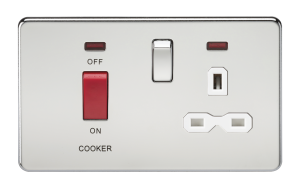 Screwless 45A DP switch and 13A switched socket with neons - polished chrome with white insert