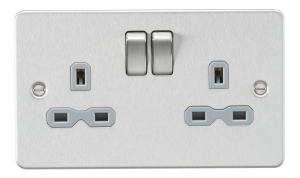 Flat plate 13A 2G DP switched socket - brushed chrome with grey insert