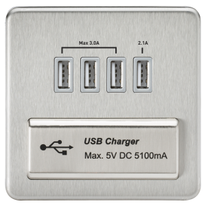 Screwless Quad USB Charger Outlet (5.1A) - Brushed Chrome with Grey Insert