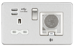 Screwless 13A socket, USB charger and Bluetooth Speaker combo - Brushed chrome with white insert