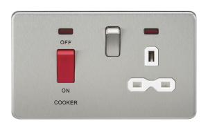 Screwless 45A DP switch and 13A switched socket with neons - brushed chrome with white insert
