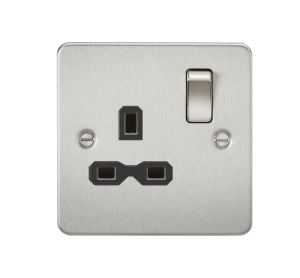 Flat plate 13A 1G DP switched socket - brushed chrome with black insert