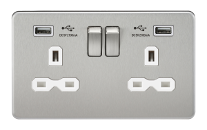 KNIGHTSBRIDGE SCREWLESS 13A 2G SWITCHED SOCKET WITH DUAL USB CHARGER - BRUSHED CHROME WITH WHITE INSERT, SFR9902BCW