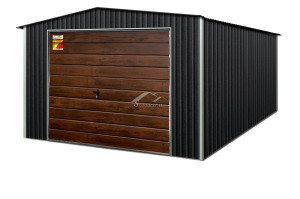 GRAFITOWY GARAŻ BLASZANY LUX 4x9 – DWUSPADOWY DACH, DREWNOPODOBNA BRAMA UCHYLNA