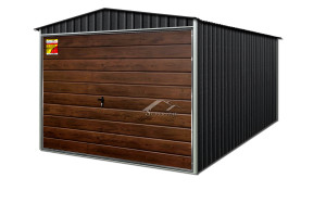 GRAFITOWY GARAŻ BLASZANY LUX 3x8 – DWUSPADOWY DACH, DREWNOPODOBNA BRAMA UCHYLNA