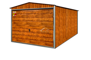 DREWNOPODOBNY GARAŻ BLASZANY LUX 2x4 ZŁOTY DĄB – DWUSPADOWY DACH, BRAMA UCHYLNA