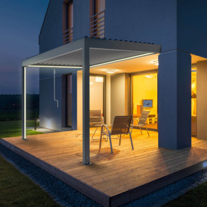 fenetre24.com Pergola avec éclairage sur les poteaux et le toit, rubans LED, pergola bioclimatique adossée, manuel, aluminium, 1000x1600 mm
