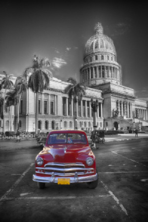 Wunschmotiv auf Fensterfolie - Roter Oldtimer Vor Capitol Havanna K...