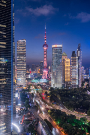 Wunschbild auf Fensterfolie - Shanghai Pudong Bei Nacht oder mit Ei...