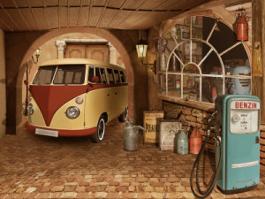 Bild Kissen - Nostalgische Werkstatt Mit Oldtimer Bus oder mit Eige...