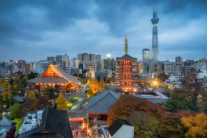 Foto auf Label - Senso-Ji Tempel Und Tokyo Skytree Bei Nacht oder m...