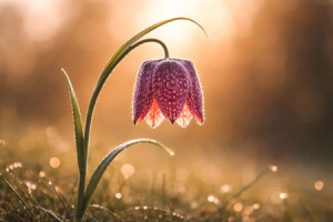 Bild Labeldruck - Morgentau Auf Einer Schachbrettblume Im Gegenlich...