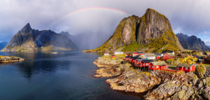Bild auf Leinwand - Fischerdorf Hamnoy Lofoten Norwegen oder mit Ei...