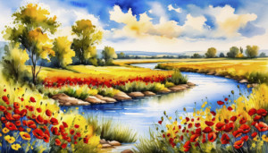 Wunschmotiv als Papier - Flusslandschaft Wiese Mohn Ki oder mit Eig...
