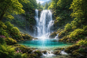 Wunschbild auf Tischdecke - Idyllischer Wasserfall Im Versteckten W...