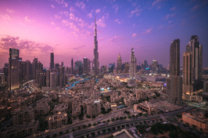 Wunschmotiv als Tragetasche - Dubai Skyline Downtown Sonnenuntergan...