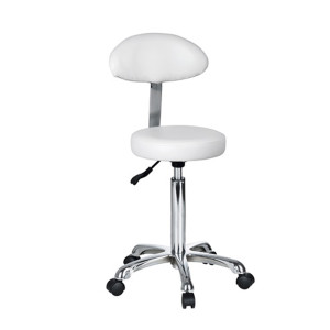 Banco com respaldo Fast Plus: Desenho ergonómico, base cromada com cinco rodas e altura regulable