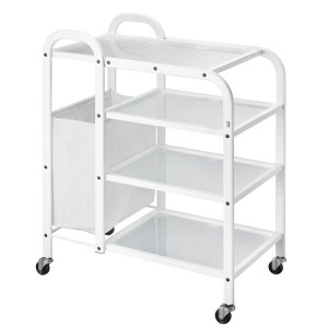 Carrinho Metálico Branco Mobile: Equipado com quatro estantes de cristal translúcido e saca lateral