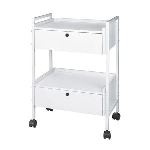 Carrinho metálico branco Easy Plus: Equipado com duas estantes e duas gavetas com chave