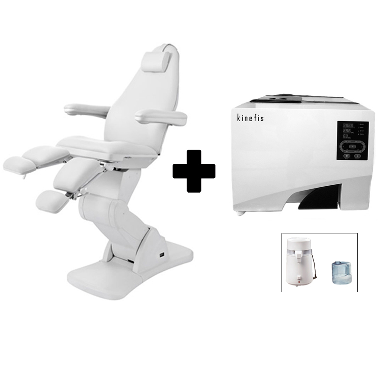 PACK POUPANÇA Podo - White: Cadeirão elétrico de podología Cubo + Autoclave classe B 8 litros Kinefis Experience + Destilador de água