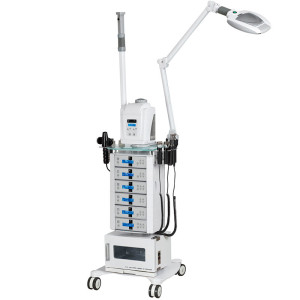 Torre multifuncional de estética: Equipada com carrinho + Vaporizador + Candeeiro lupa + Calentador de toalhas