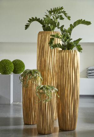 Flingora Vase »Minga« mit Einsatz - Fiberglas Pflanzvase - Indoor - Wellenstruktur Gold - Höhe 97 cm / Ø 34 cm