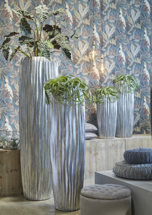 Flingora Vase »Minga« mit Einsatz - Fiberglas Pflanzvase - Indoor - Wellenstruktur Silber - Höhe 75 cm / Ø 34 cm