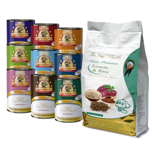 Hundefutter Sparpaket Super Premium ? Lamm &amp; Reis Sensitiv Trockenfutter + Nassfutter Mix ? 3 kg + 18 × 400 g