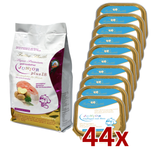 Getreidefreies Welpenfutter Sparpaket ? Trockenfutter Plus 18 &amp; Nassfutter Junior ? 10 kg + 44 × 150 g