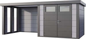 Telluria Gerätehaus Classico Lounge S mit Fenstern 2724 links lichtgrau 552 x 238 cm