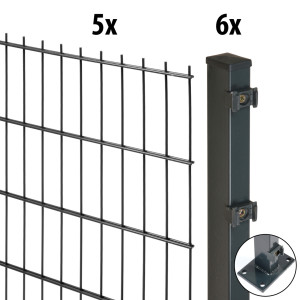 Floraworld Doppelstabmatten-Zaun Set Comfort 10 m 201 x 103 cm mit Bodenplatte & 6 Pfosten 109 cm anthrazit
