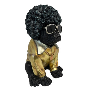 FD Dekofigur Hund mit Afrofrisur & Sonnenbrille 29,5 x 19 cm schwarz/gold