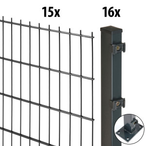 Floraworld Doppelstabmatten-Zaun Set Comfort 30 m 201 x 163 cm mit Bodenplatte & 16 Pfosten 169 cm anthrazit