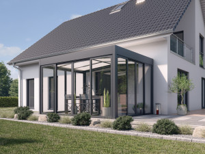 Wismar NFI Wintergarten Modern 400 x 300 cm mit Glasschiebetüren grau