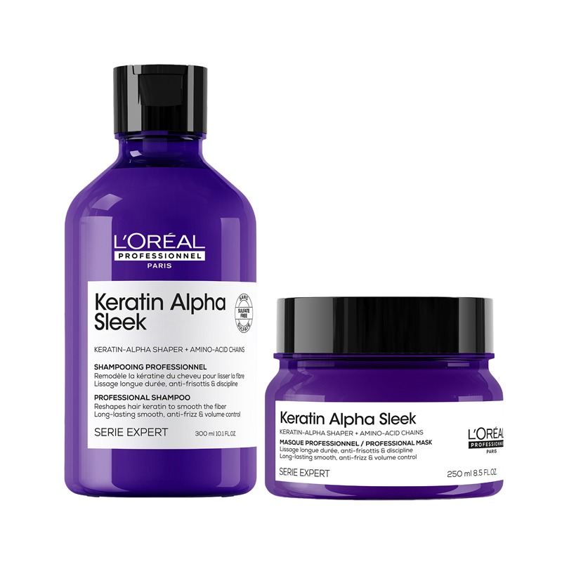 L'Oréal Professionnel DUO Keratin Alpha Sleek Shampoo & Hair Mask Bundle Anti-frizz & Smoothing, 300ml, 250ml