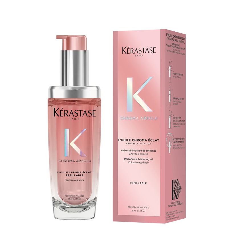 Kerastase Chroma Absolu Hair Oil Huile Chroma Éclat Refillable Bottle, for Fine-Medium Hair with Amino Acid & Lactic Acid 75ml